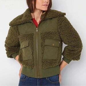 Frye & Co. Green Sherpa Fluffy Jacket Bomber Coat Pockets Zipper Zip-Up Winter
